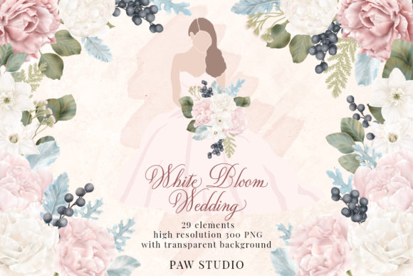 White Pink Flowers Winter Leaves Wedding Clipart Collection